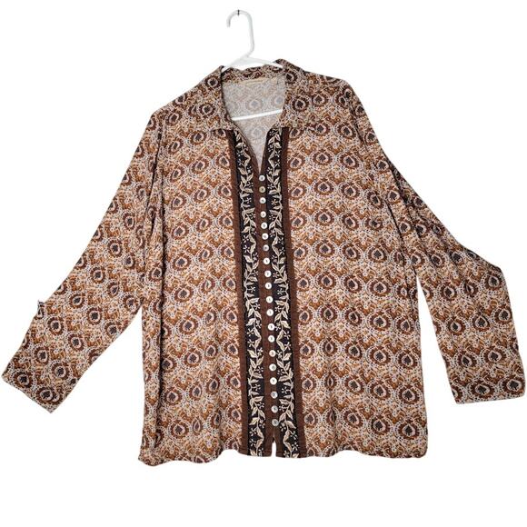 Soft Surroundings Boho Floral Top 1X Brown Embroidered Viscose Button Front Fall - Picture 1 of 8